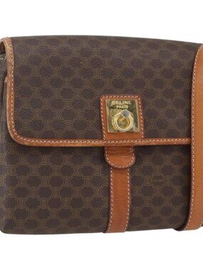 Authentic CELINE Macadam Canvas Shoulder Bag PVC Leather Brown Gold